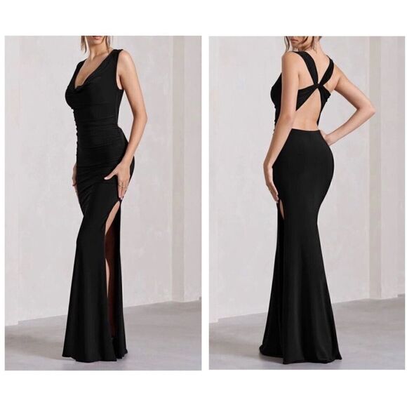 NWT CLUB L LOLITA BLACK RUCHED COWL-NECK SLEEVELESS MAXI DRESS sz 12 US - Picture 11 of 11